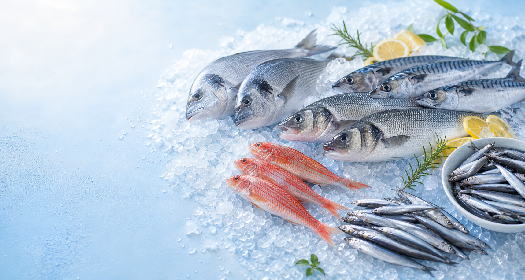 Frische Fische auf Eis in einer modernen Präsentation